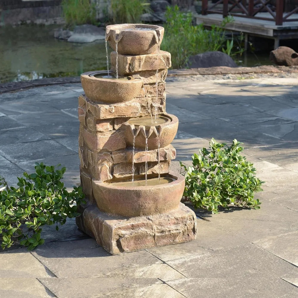 Cascading Bowls and  Stones LED Outdoor Water Fountain,  Lawns for a Calming Oasis