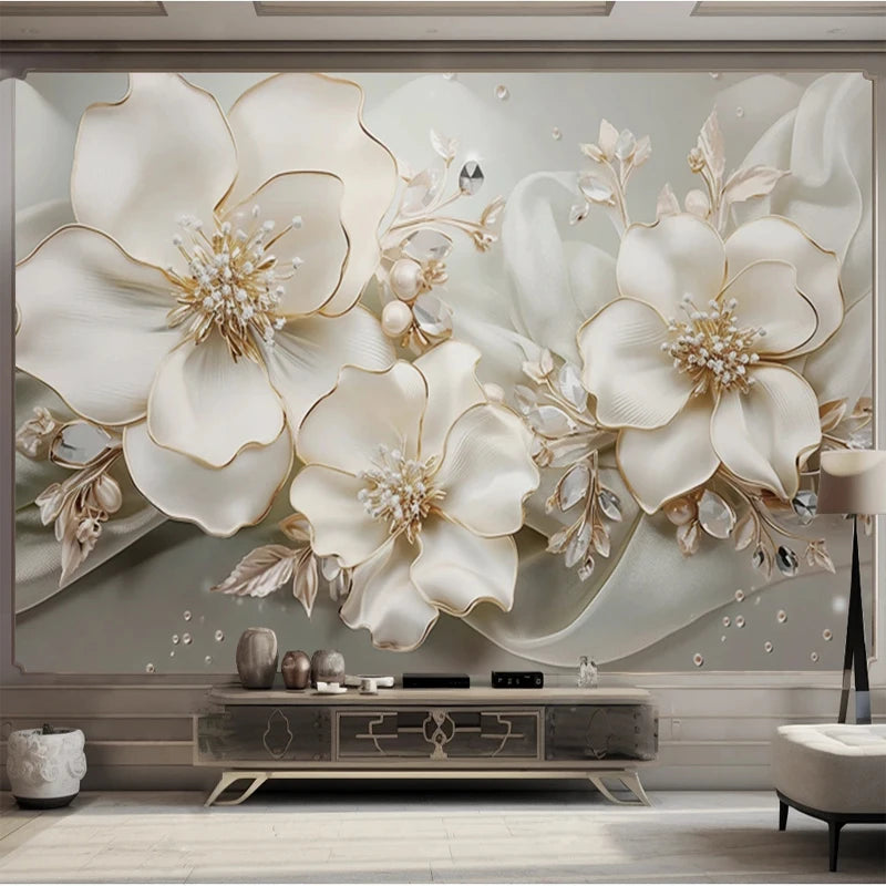 Custom Large Size Modern Wallpaper 3D Embossed Flowers Jewelry Mural Paper TV Background Wall