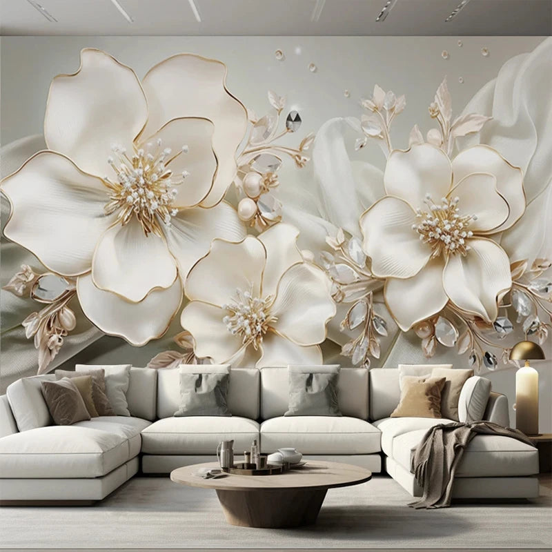 Custom Large Size Modern Wallpaper 3D Embossed Flowers Jewelry Mural Paper TV Background Wall