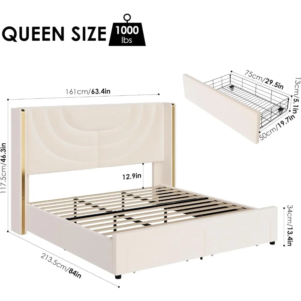 LED Queen Bed Frame with 2 Storage Drawers Solid Wooden, Solid Wooden Slats Support