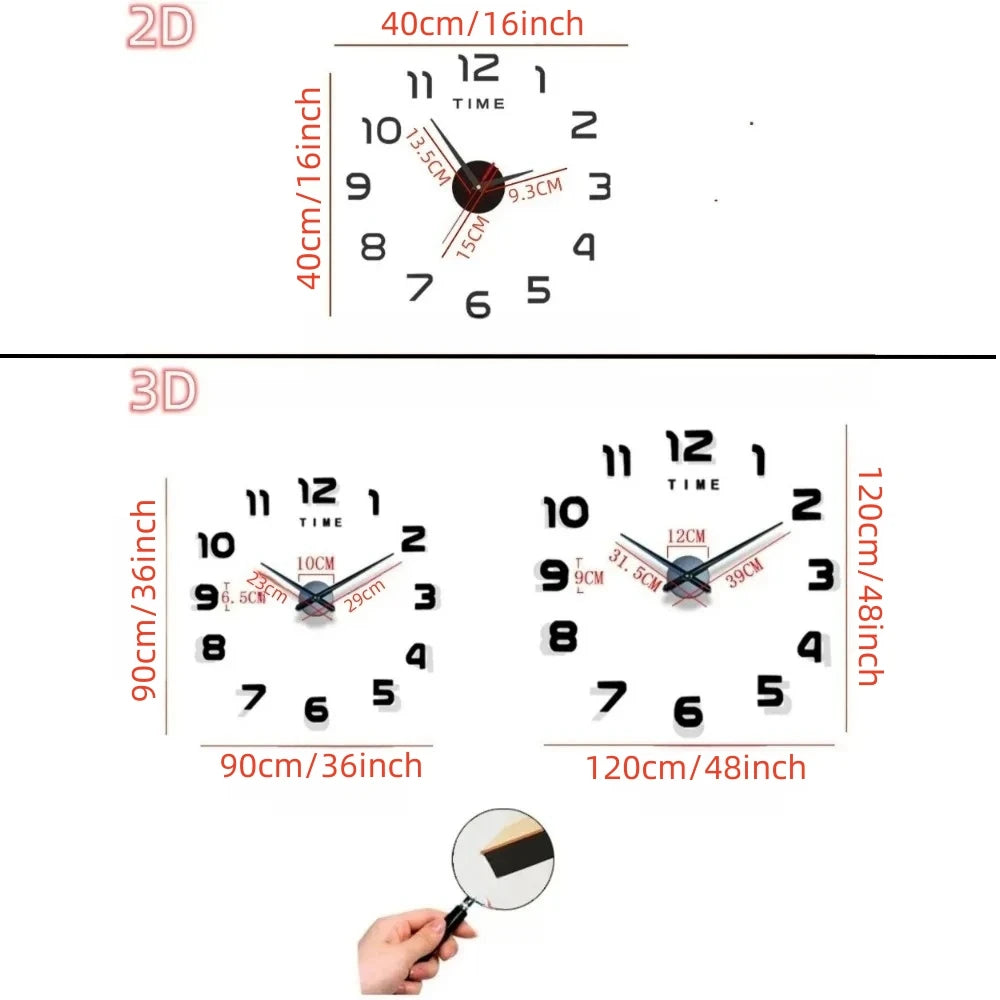 Modern Design Large Wall Clock 3D DIY Quartz Clocks Fashion Watches Acrylic Mirror