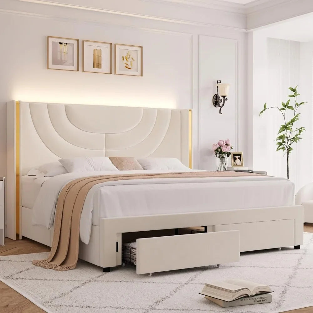 LED Queen Bed Frame with 2 Storage Drawers Solid Wooden, Solid Wooden Slats Support