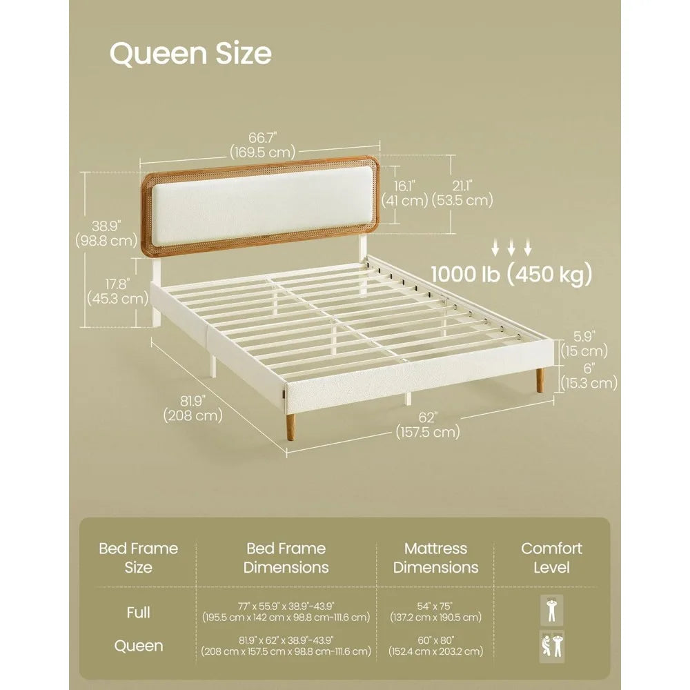 Rattan-Like Adjustable Headboard, Upholstered Bed Frame Queen Size