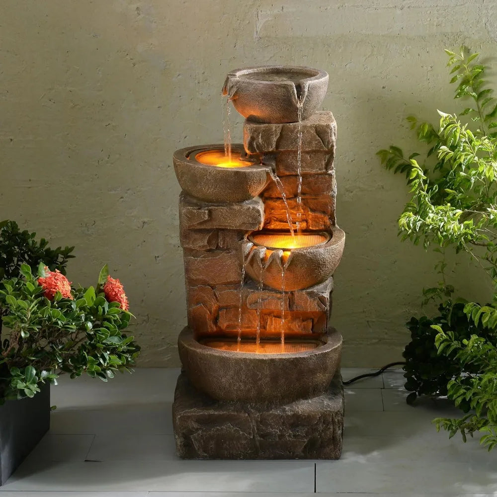 Cascading Bowls and  Stones LED Outdoor Water Fountain,  Lawns for a Calming Oasis