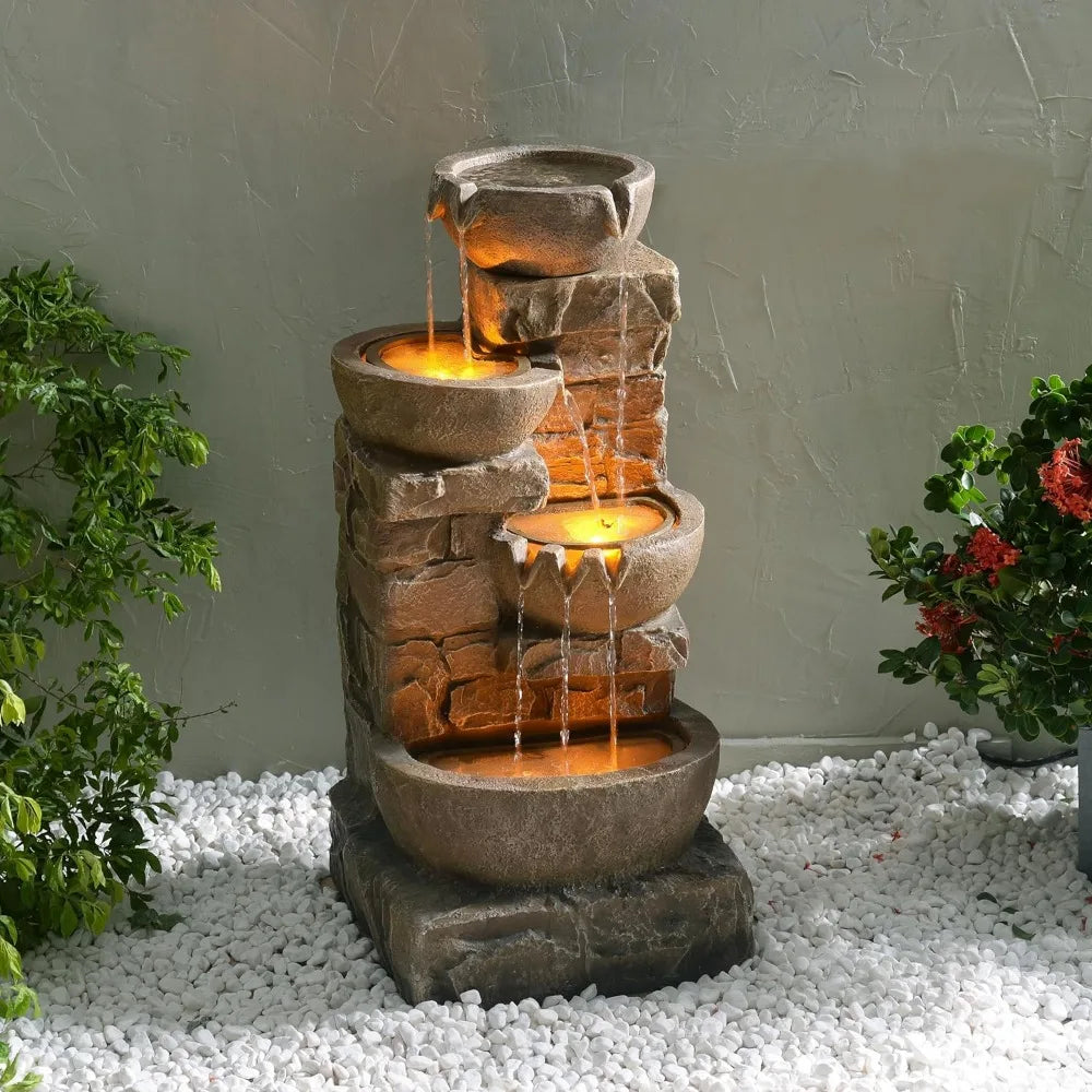 Cascading Bowls and  Stones LED Outdoor Water Fountain,  Lawns for a Calming Oasis