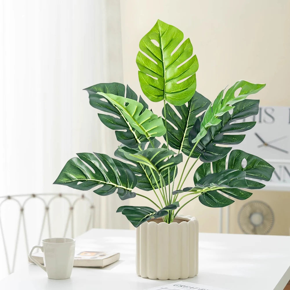 Monstera Tree Branch Fake Evergreen Plant Tropical Palm Leaves Green Turtle Leaf